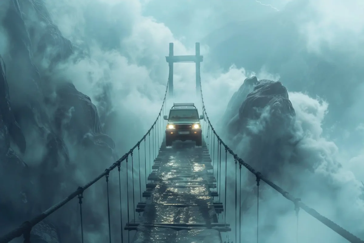 Vehicle crossing a high suspension bridge, illustrating fear of driving over bridges.