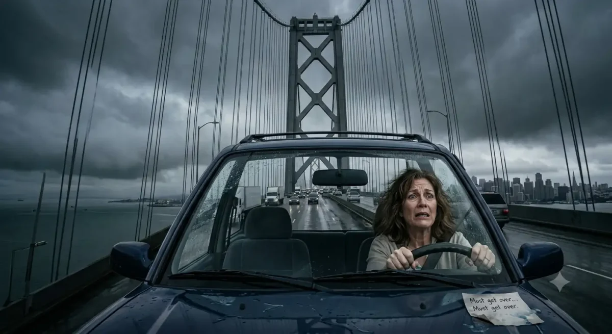 Anxious driver crossing a suspension bridge in the rain, illustrating fear of driving over bridges.