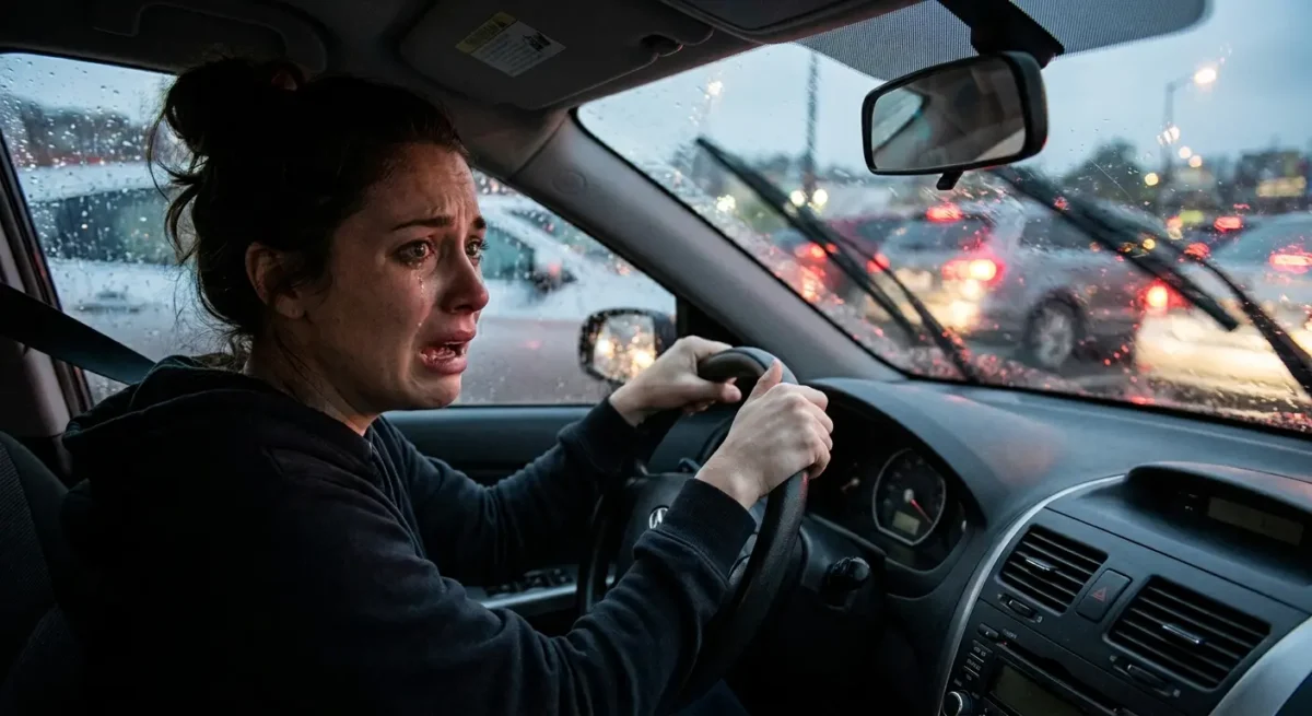 Distressed driver in heavy traffic, illustrating panic while driving.